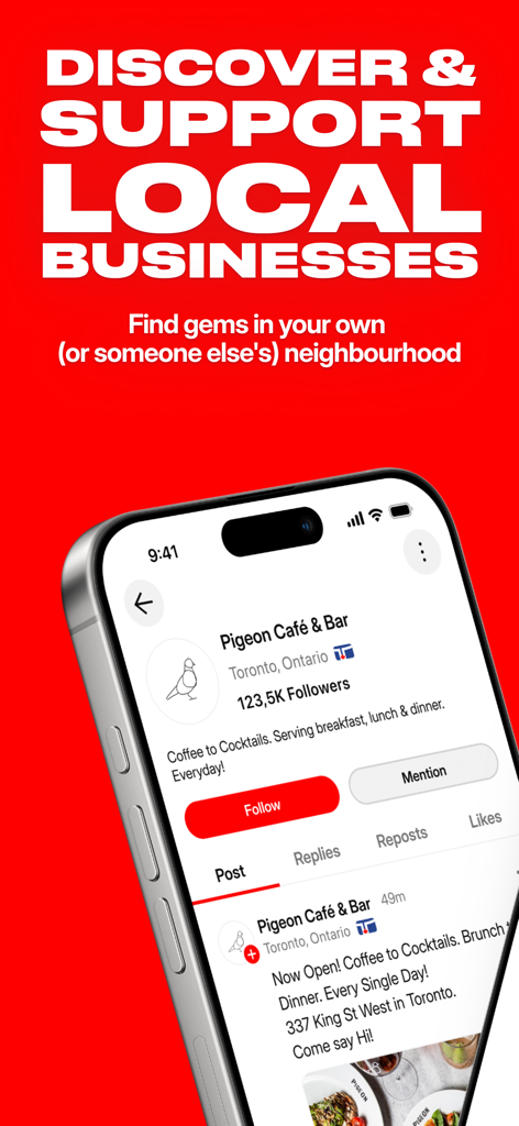 EH! - Canada's Social Network - Pantalla de la aplicación EH! para descubrir y apoyar negocios locales en Canadá.