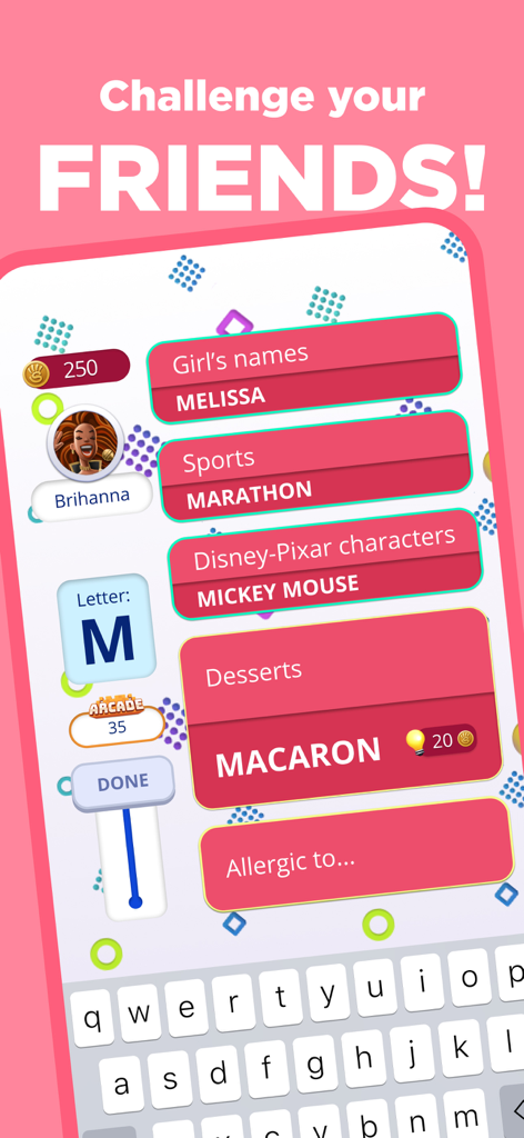 Stop 2 word trivia game interface showing category answers for the letter M