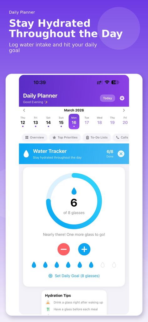 Daily Planner - My Day - Daily Planner app water tracker interface showing hydration progress ring and daily glass goal.