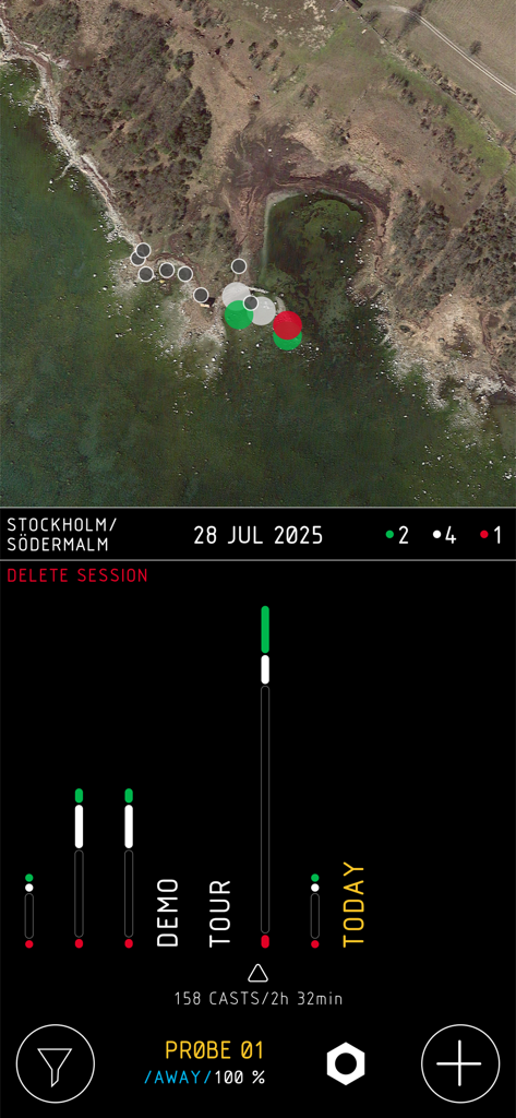 PROBE Fishing - PROBE Fishing app interface showing a satellite map of casting locations and a session activity bar chart