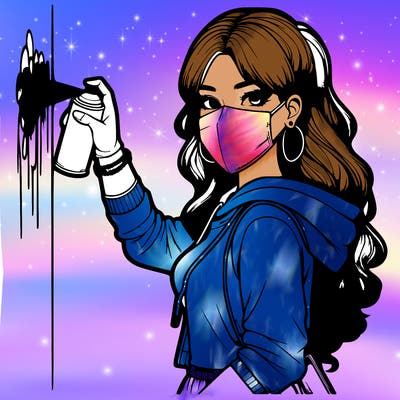 realistic girl with mask spray painting a wall