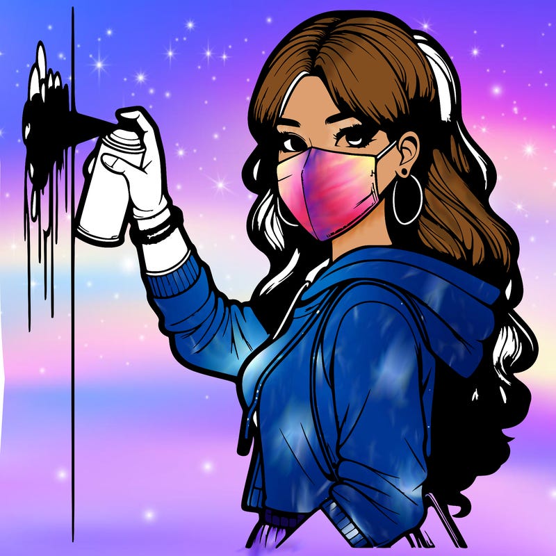 realistic girl with mask spray painting a wall