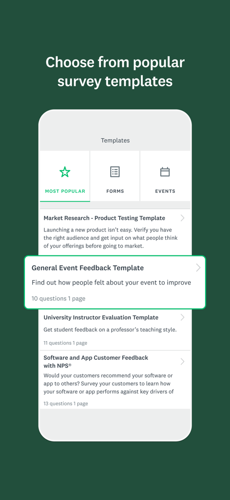 SurveyMonkey - Schermata dell'app SurveyMonkey che mostra una selezione di modelli di sondaggio popolari, inclusi feedback eventi e ricerche di mercato