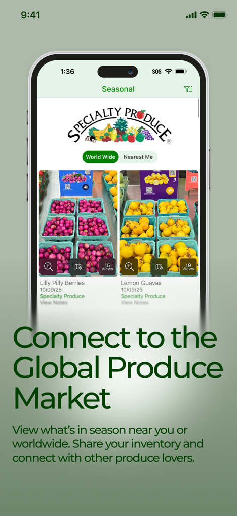 Interfaz de la aplicación Specialty Produce que muestra listados de frutas de temporada y opciones de abastecimiento global