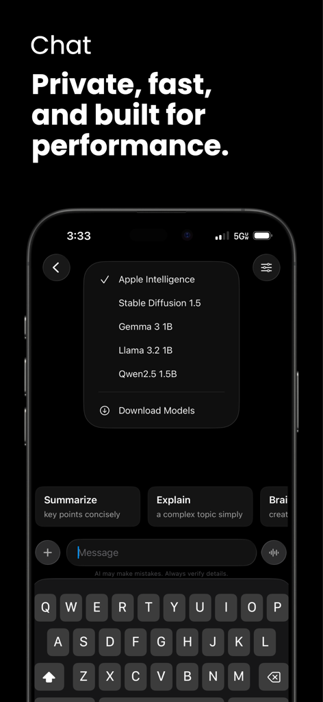 Nativ app chat interface showing a selection of local AI models like Llama and Gemma for private on-device processing