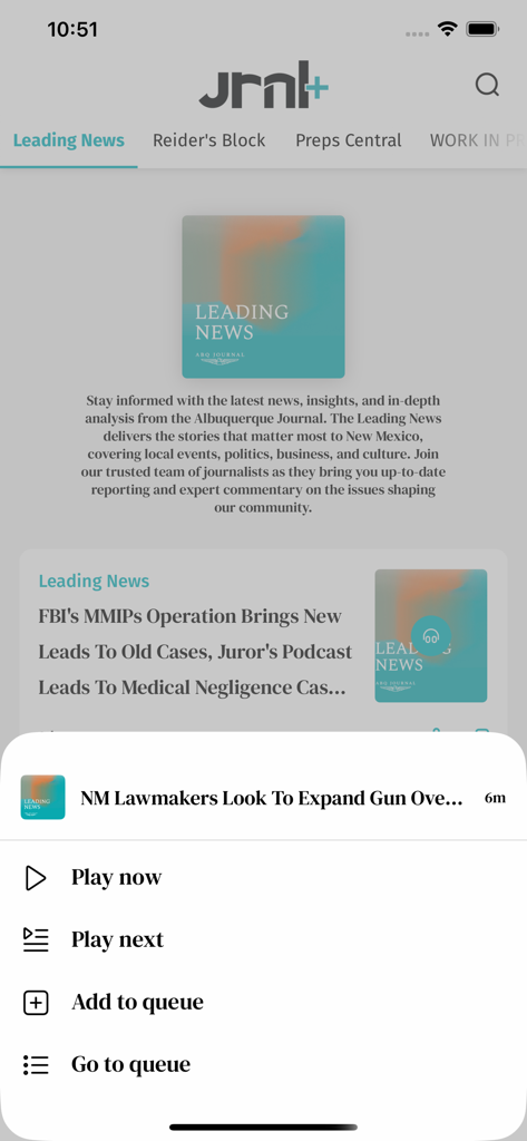 Albuquerque Journal Newspaper - The Albuquerque Journal app interface showing podcast play and queue options for a local news story