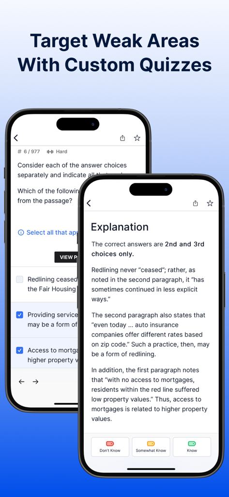 Manhattan Prep | GRE Practice - Two mobile screens of the Manhattan Prep GRE app showing a practice question and its detailed explanation.