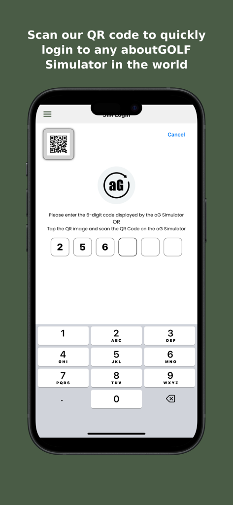 aG Locker - aG Locker app screen showing QR code and PIN entry for quick simulator login