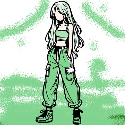 girl in baggy pants crop top and long hair