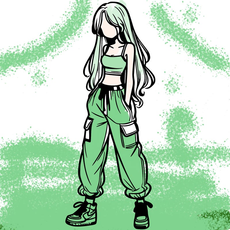 girl in baggy pants crop top and long hair