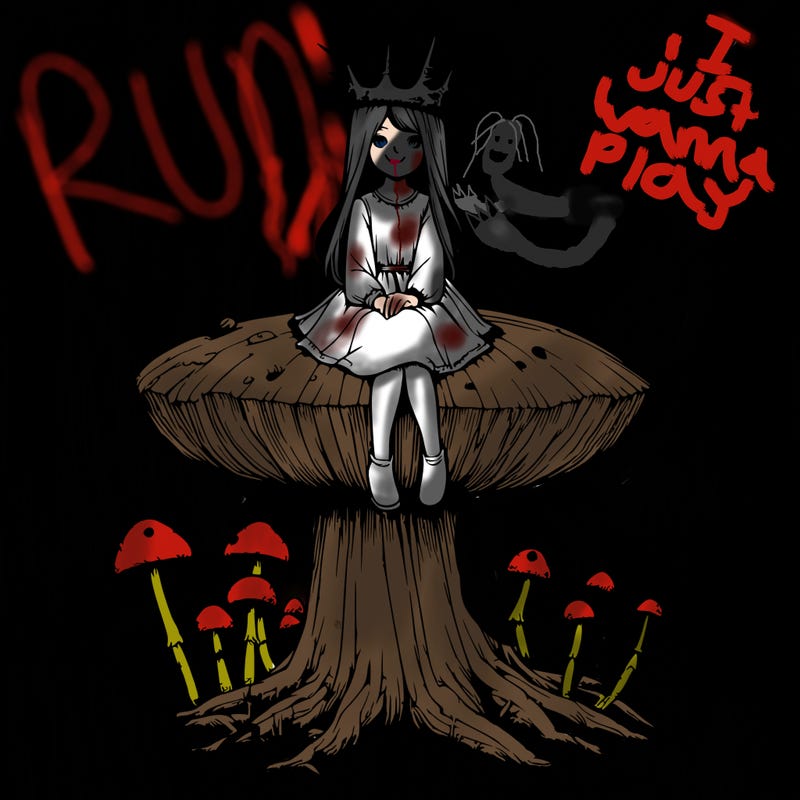 realistic girl sitting on a huge tree stump size toadstool with thorn crown