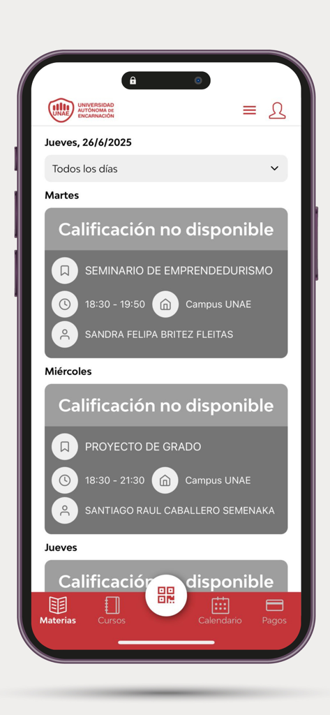 UNAE APP - UNAE APP student interface displaying academic schedule and course details