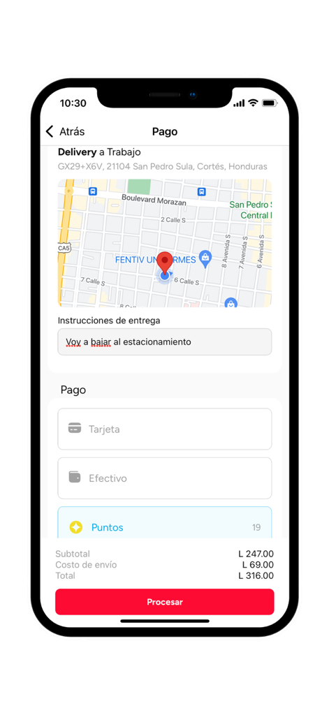 Wendy's Honduras - Wendy's Honduras mobile app checkout screen showing payment methods and delivery address map.