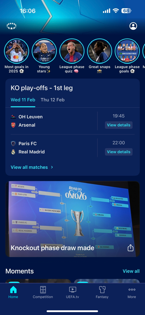 UEFA Women's Champions League - Home screen of the UEFA Womens Champions League app with match fixtures and knockout draw bracket