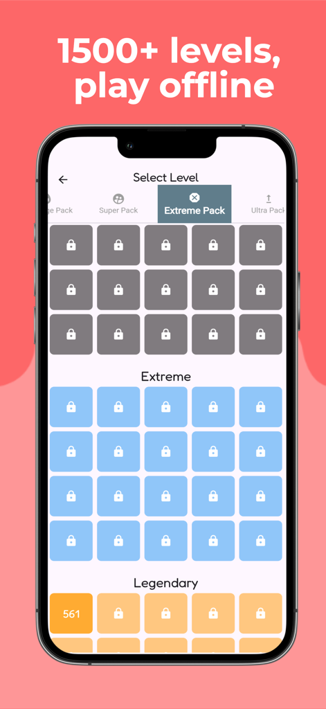 Smartphone screen showing level selection for Crowns Logic Game with extreme and legendary difficulty packs