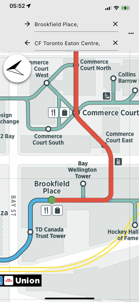 Pathmap - Pathmap app interface showing a navigation route through Toronto's underground PATH system