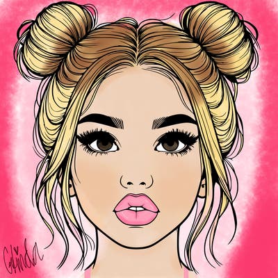 realistic girl with two buns on her hair and lips