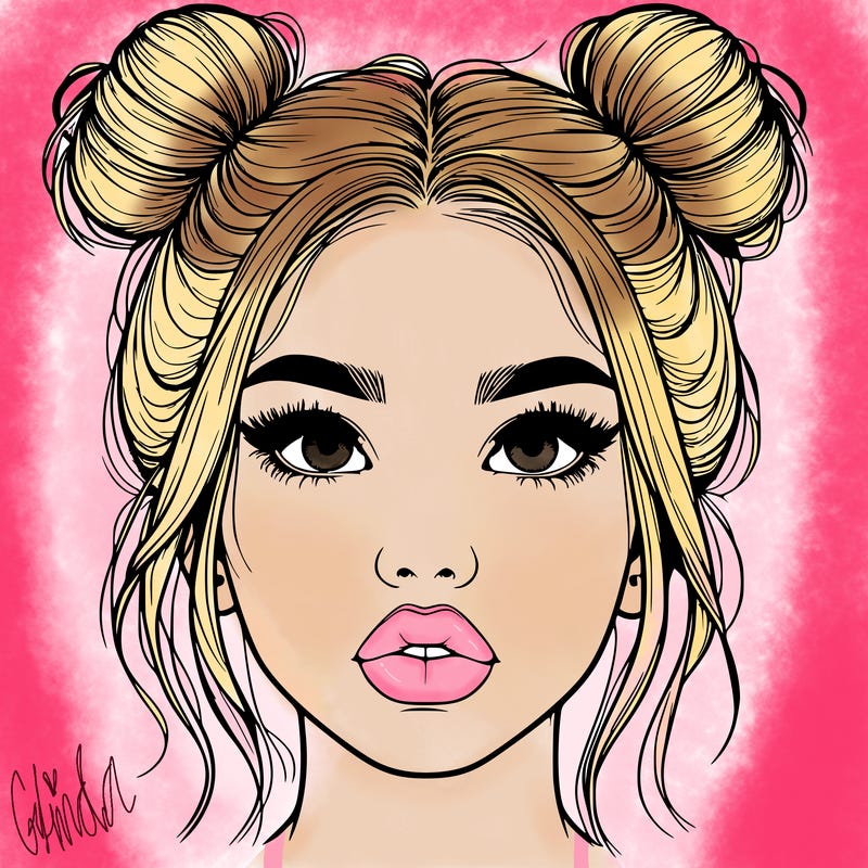 realistic girl with two buns on her hair and lips