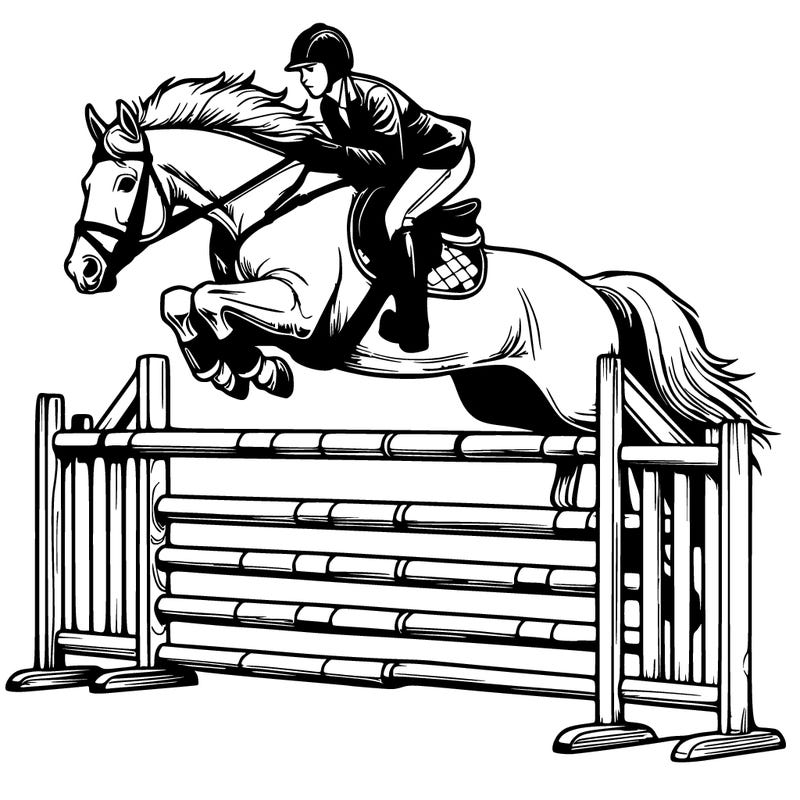 realistic horse jumping over jump with rider