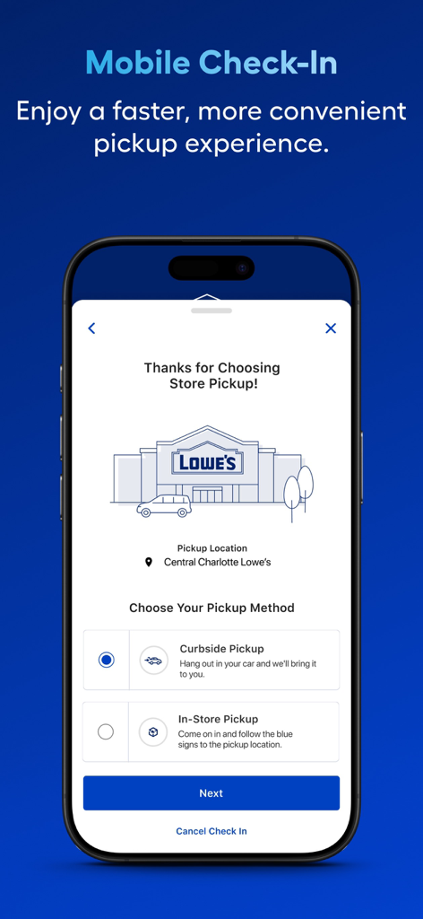 Lowe's Home Improvement - Schermata dell'app Lowe's che mostra le opzioni di check-in mobile per il ritiro sul marciapiede o in negozio