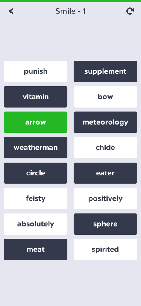 Gameplay screen of the Word to Word association game featuring a grid of words for brain training.