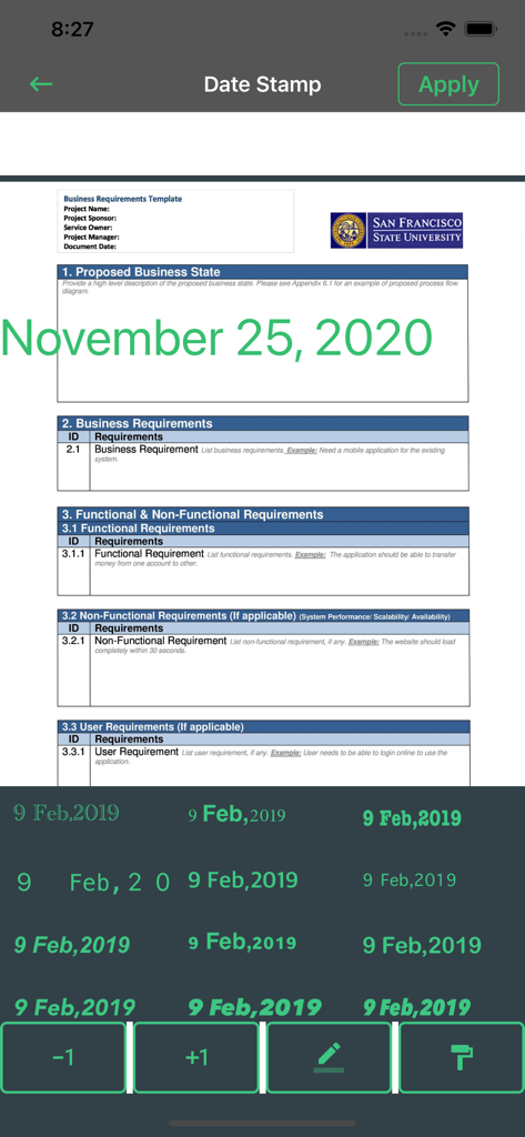 Un document commercial en cours d'édition avec une fonction de tampon de date dans l'application scanner Genius PDF.