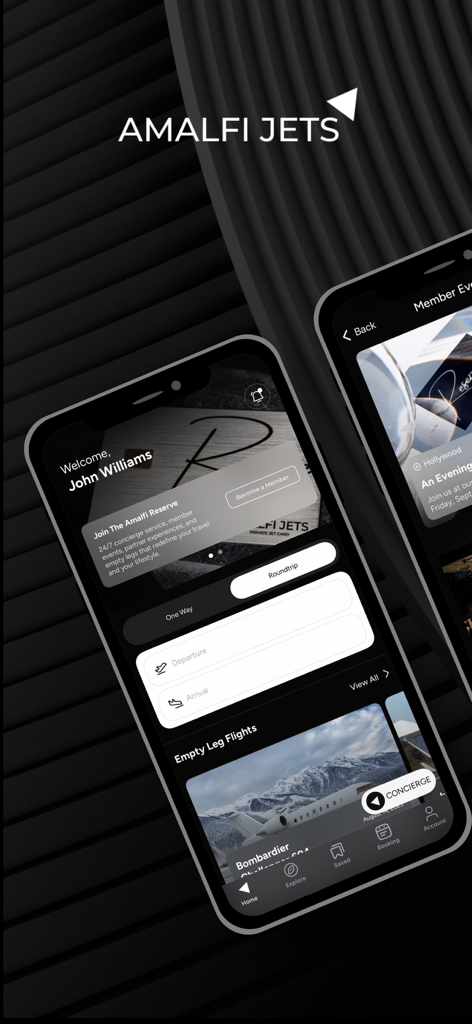 Amalfi Jets - The Amalfi Jets mobile app interface showing options for booking private flights and viewing empty leg deals