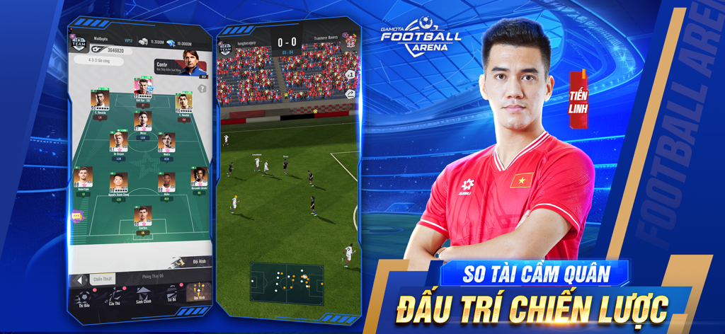 Football Arena: Vua Bóng Đá - Promotional screen for Football Arena Vua Bong Da showing team formation and soccer gameplay