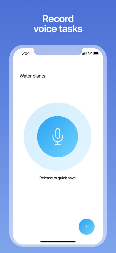 Tappsk app screen showing the voice task recording interface with a large microphone button.