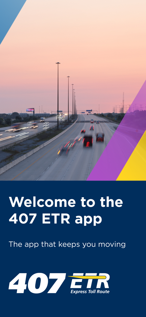 Welcome screen of the 407 ETR app featuring a highway view at sunset