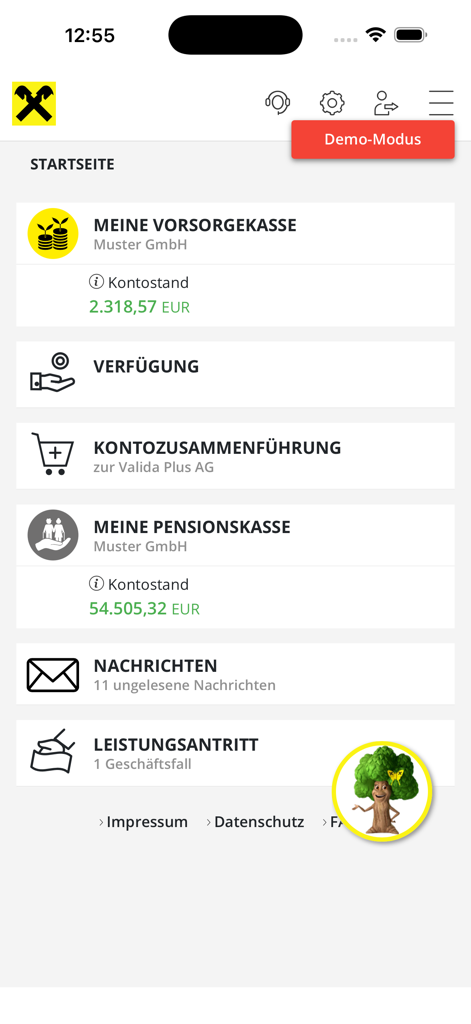 Dashboard der Valida Vorsorge Management App mit Guthabenübersicht für Pensions- und Vorsorgekonten