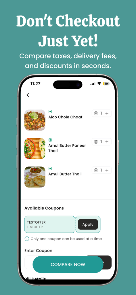 GetDirect - Compare Food Apps - GetDirect mobile app interface showing a food cart with various Indian dishes and a button to compare delivery prices