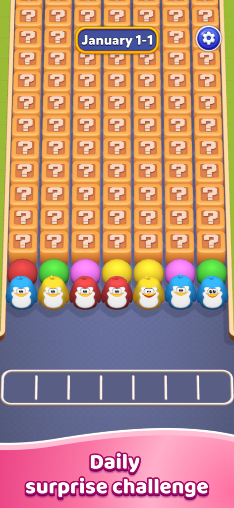 Match Jam 3D - A gameplay screen showing the daily surprise challenge in Match Jam 3D with rows of mystery blocks and colorful penguin characters