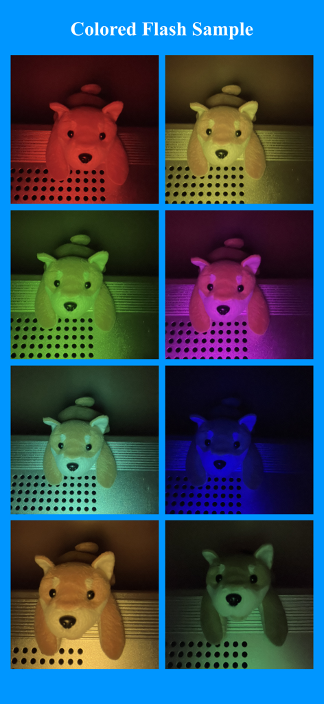 Color Flash Camera - Una cuadrícula de fotos de muestra que muestran un juguete de perro de peluche iluminado por varios colores de flash como rojo, verde, azul y rosa