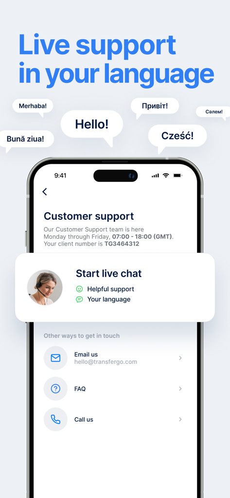 TransferGo: Money Transfer - Aplicación móvil TransferGo que muestra opciones de atención al cliente con saludos en varios idiomas y chat en vivo