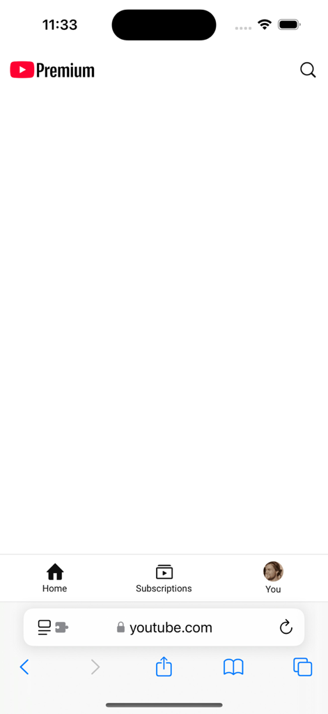 "No Distractions" for YouTube - A screenshot of the YouTube home page in the Safari browser with all video recommendations hidden to prevent distractions.