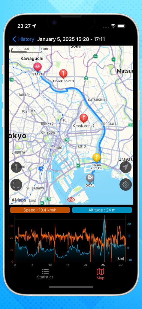 Bike Computer - Cycling - Ride history view in the Bike Computer app showing a GPS route map with checkpoints and a performance graph for speed and altitude.