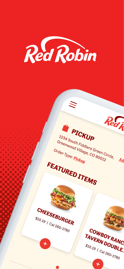Red Robin Ordering - Mobile screen of the Red Robin app displaying featured cheeseburgers and pickup location details.
