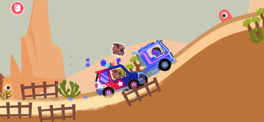 Car Racing Go Games for kids - Car Racing Goアプリで、2台のカラフルなカートゥーン車が砂漠の丘のトラックでレースしています。