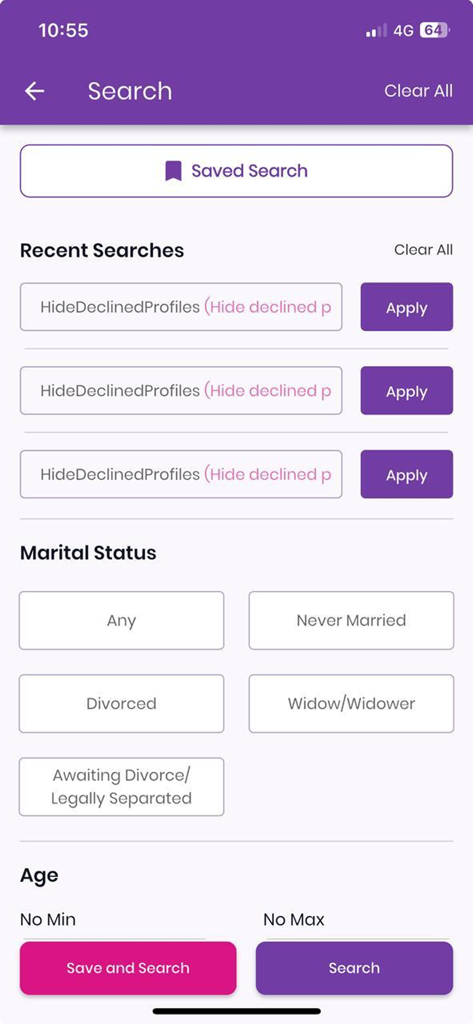Anuroop - Advanced search interface of the Anuroop matrimony app featuring marital status and age filters.