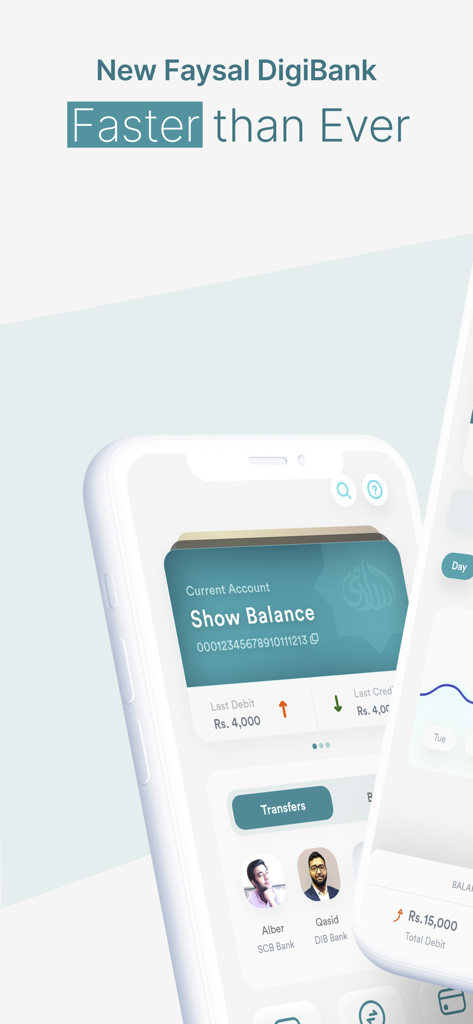 Faysal DigiBank app home screen showing account balance and fund transfers