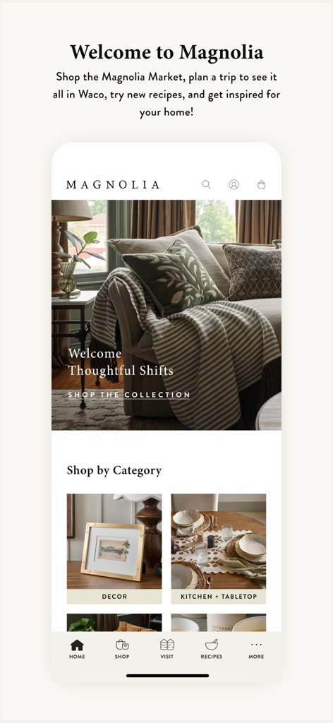Pantalla de inicio de la aplicación Magnolia que muestra colecciones seleccionadas de muebles y decoración para el hogar.