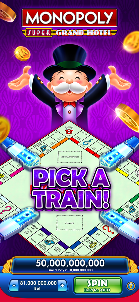 Mr. Monopoly presenting a pick a train bonus feature on a Monopoly board game themed slot screen