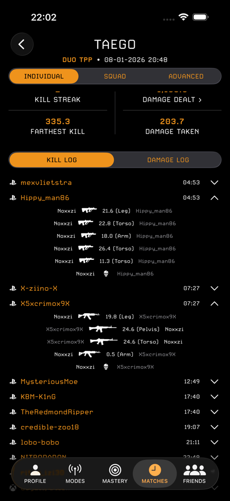 Detailed PUBG match kill log showing damage dealt per body part and weapons used