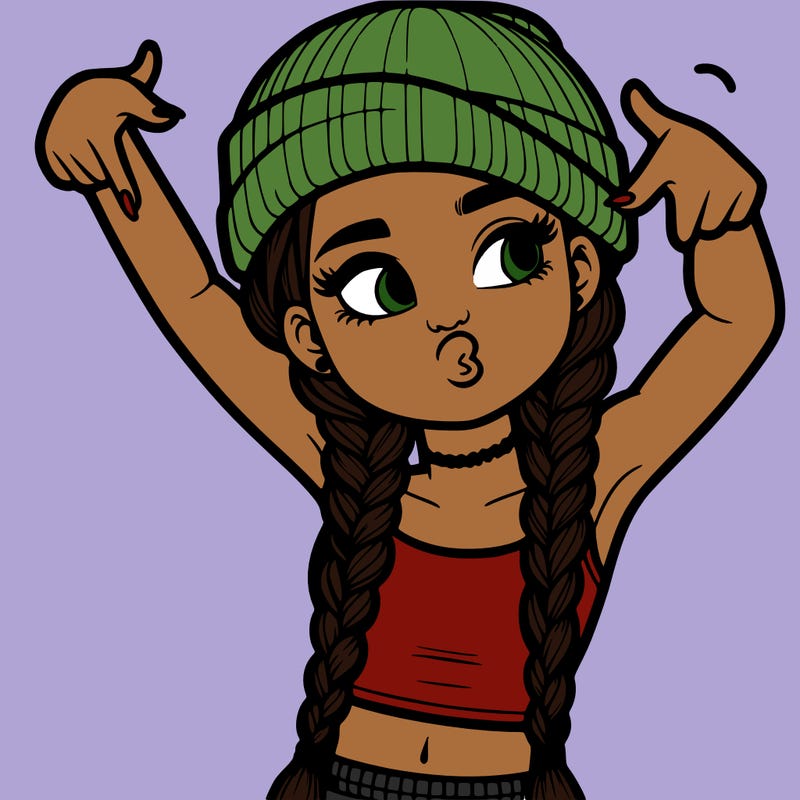 realistic teenage girl with braids and a beanie and crop top doing 🫶🏼
