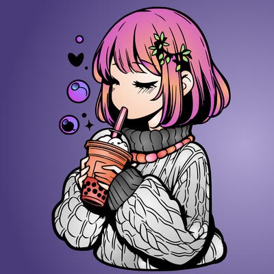 manga girl drinking boba in cozy sweater