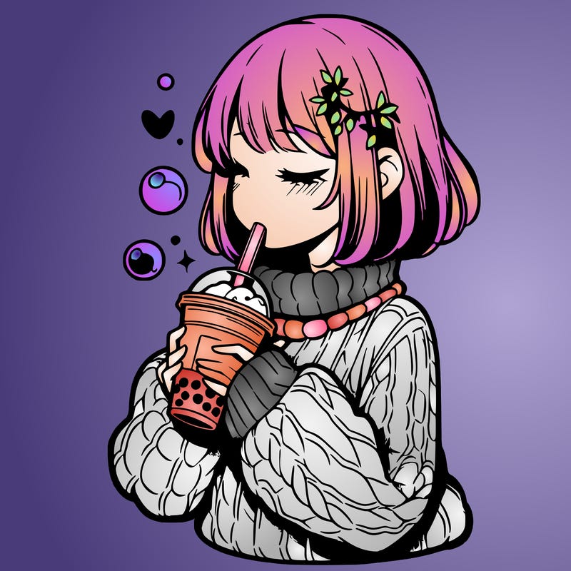 manga girl drinking boba in cozy sweater