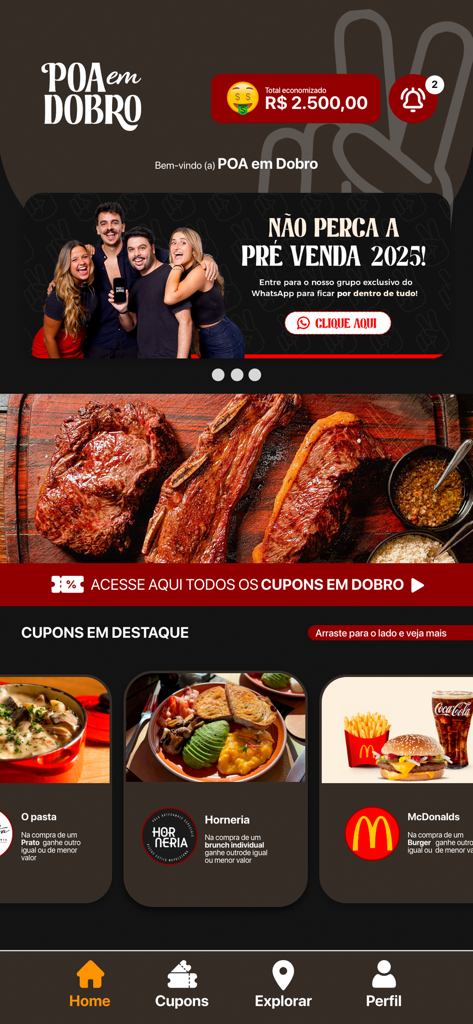 POA em Dobro - Mobile app interface of POA em Dobro showing featured dining coupons and a buy one get one free offer