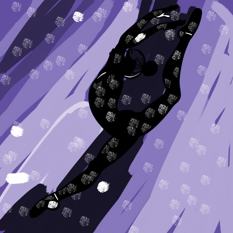 gymnast doing a leap in a leotard with a bent back leg