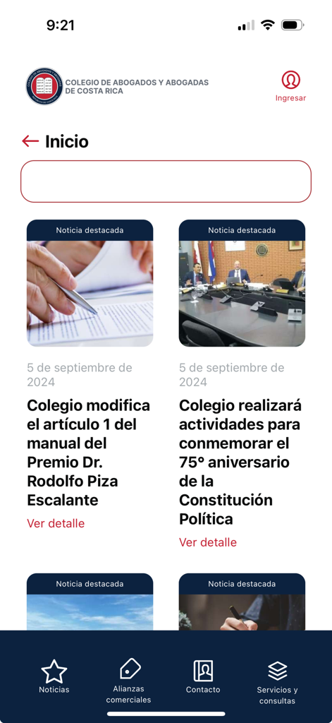 CAAB_CR - Home screen of the CAAB_CR app featuring news and updates for Costa Rican legal professionals